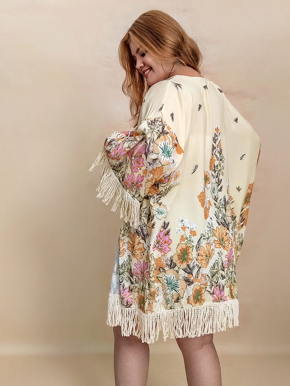 Plus Size Fringe Printed Open Front Cardigan - Trendsi