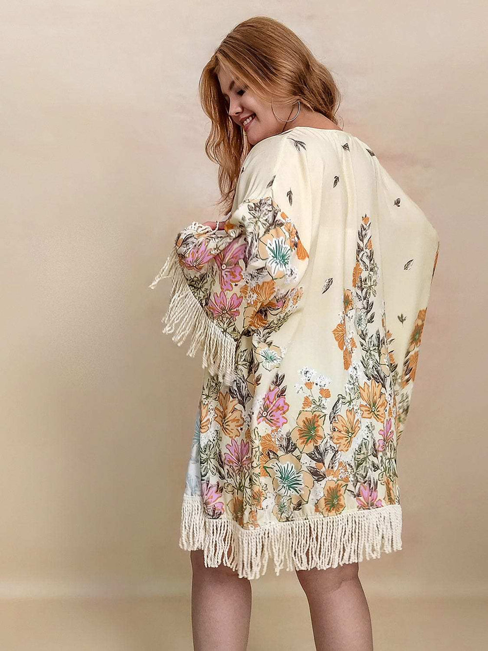 Plus Size Fringe Printed Open Front Cardigan - Trendsi - Flyclothing LLC