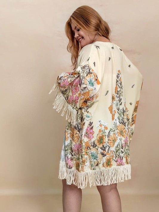 Plus Size Fringe Printed Open Front Cardigan - Trendsi