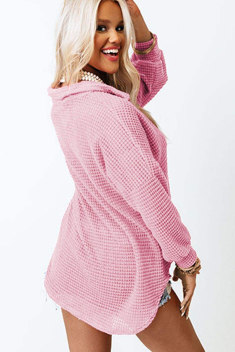 Waffle-Knit Collared Neck Long Sleeve Shirt - Trendsi - Flyclothing LLC