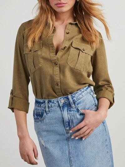 Collared Neck Button Down Denim Top - Trendsi