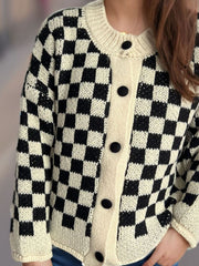 Checkered Button Up Round Neck Cardigan - Trendsi