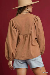 Umgee Textured Notched Blouse with Balloon Sleeves - Trendsi - Flyclothing LLC