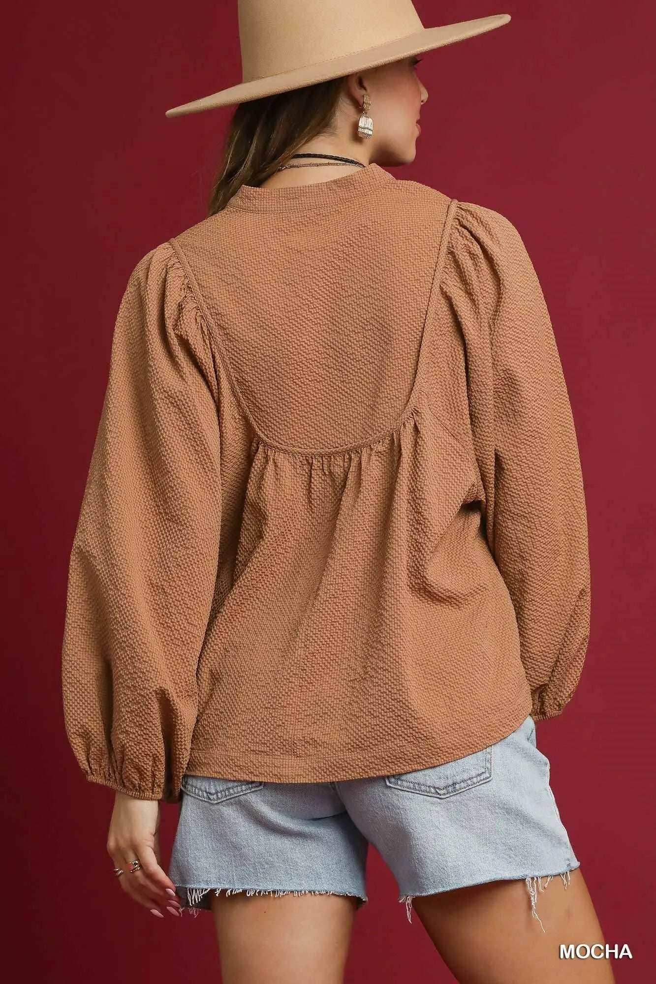 Umgee Textured Notched Blouse with Balloon Sleeves - Trendsi - Flyclothing LLC