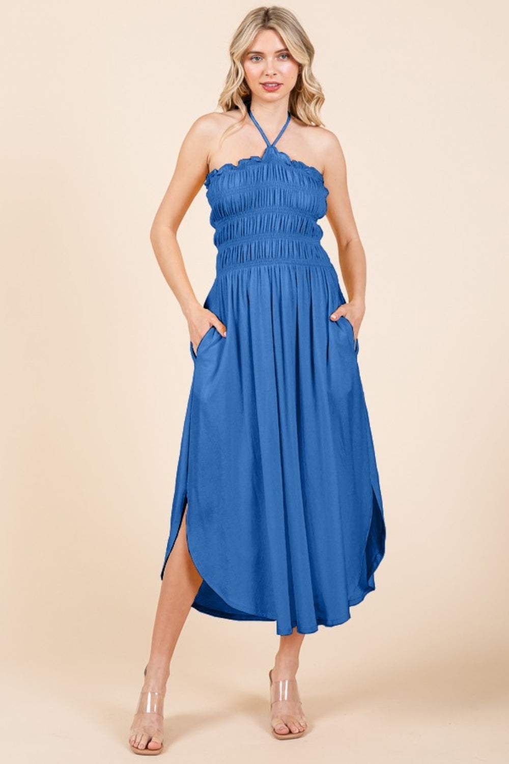 Culture Code Tie Back Shirring Dress with Pockets - Trendsi - Flyclothing LLC