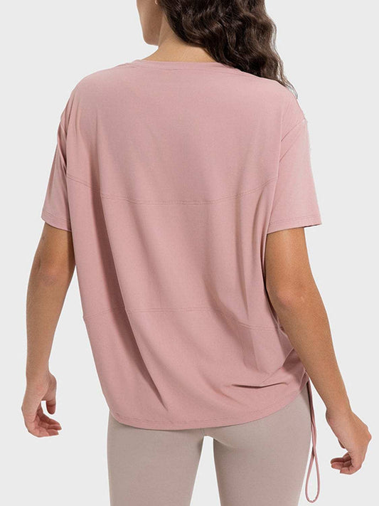 Drawstring Round Neck Short Sleeve Active T-Shirt - Trendsi - Flyclothing LLC