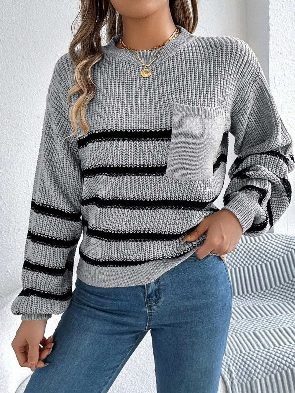 Striped Round Neck Long Sleeve Sweater - Trendsi - Flyclothing LLC