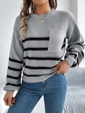 Striped Round Neck Long Sleeve Sweater - Trendsi - Flyclothing LLC