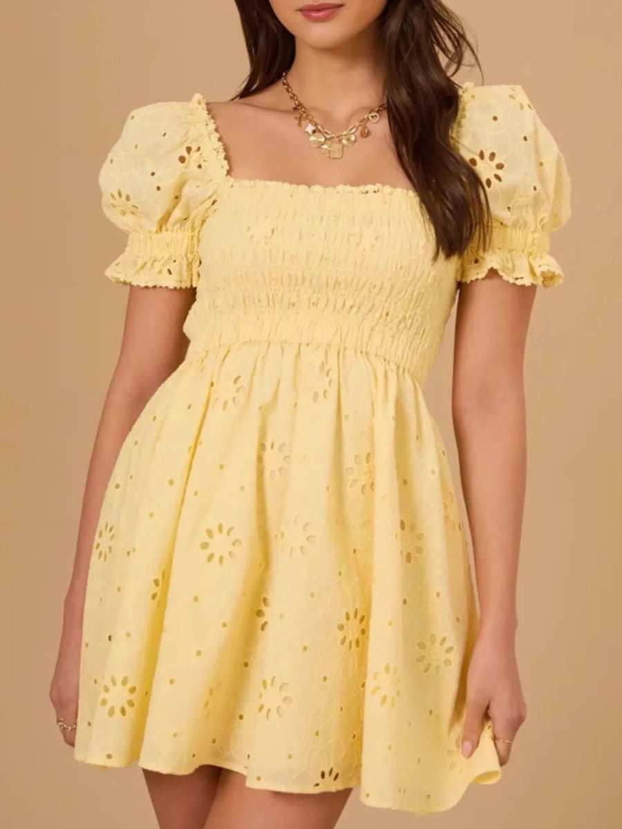 Eyelet Puff Sleeve Smocked Mini Dress - Trendsi - Flyclothing LLC
