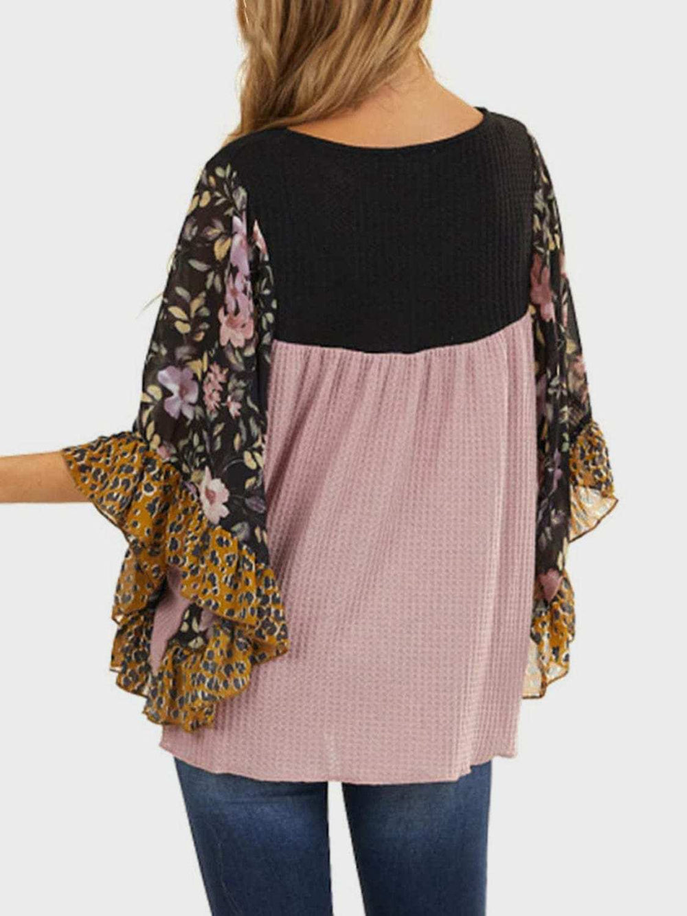 Full Size Printed Round Neck Three-Quarter Sleeve Blouse - Trendsi - Flyclothing LLC