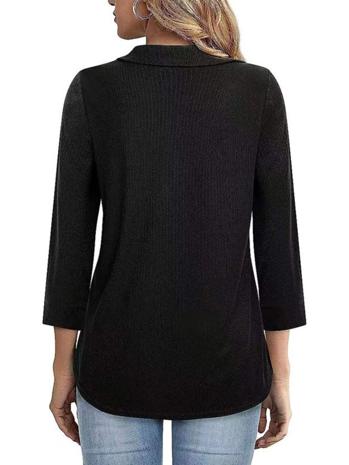 Half Zip Collared Neck Three-Quarter Sleeve T-Shirt - Trendsi - Flyclothing LLC