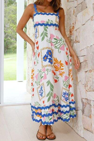 Printed Square Neck Wide Strap Midi Dress - Trendsi - Flyclothing LLC