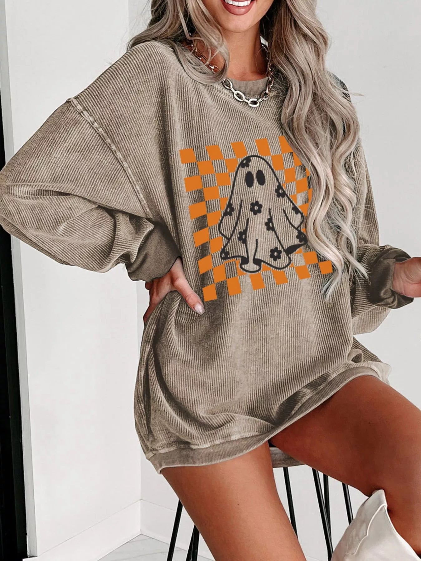 Halloween Checkerboard Floral Ghost Graphic Corded Sweatshirt - Trendsi - Flyclothing LLC