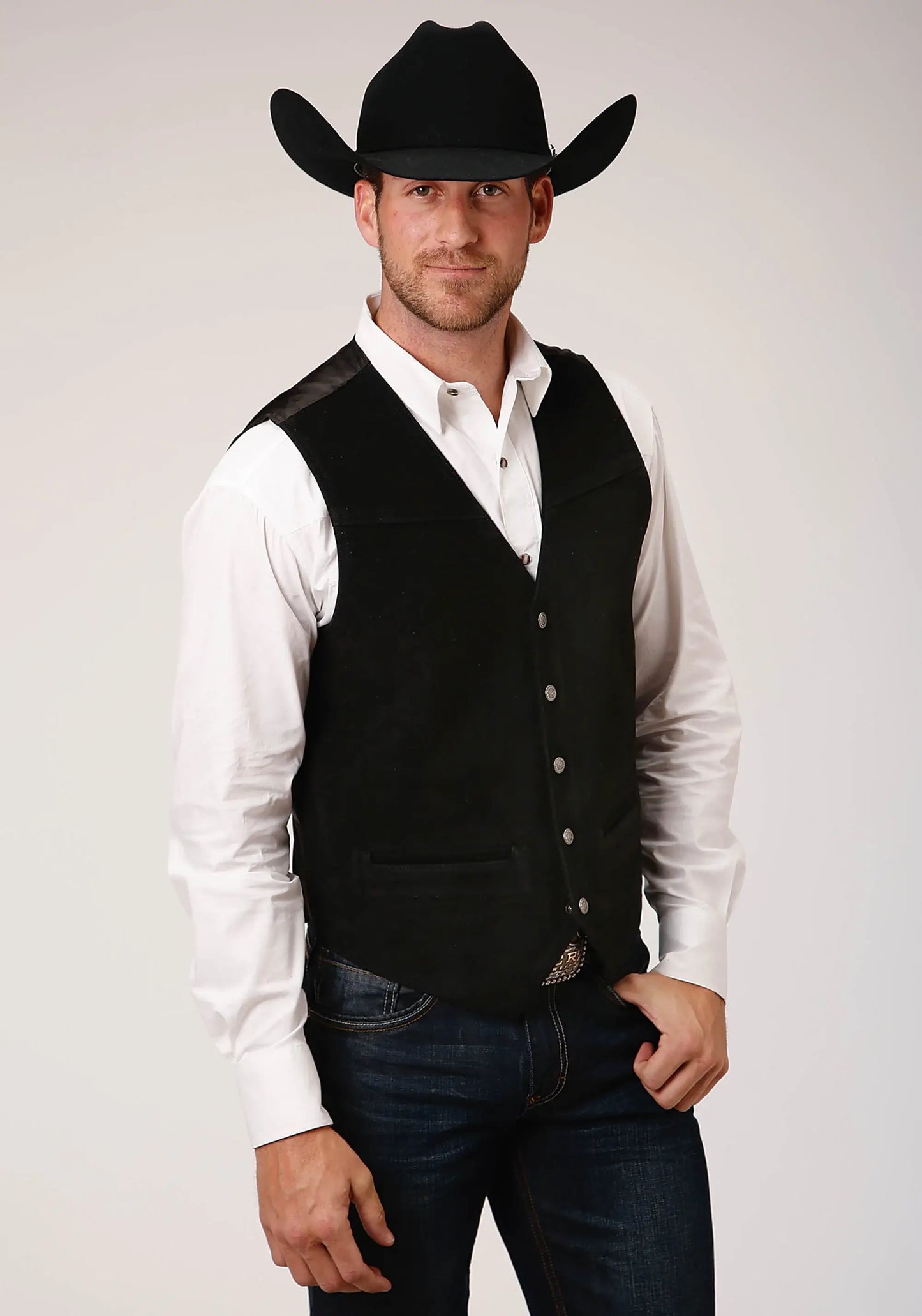 Mens Black Suede Leather Vest With Buckle Tie - ROPER - Flyclothing LLC