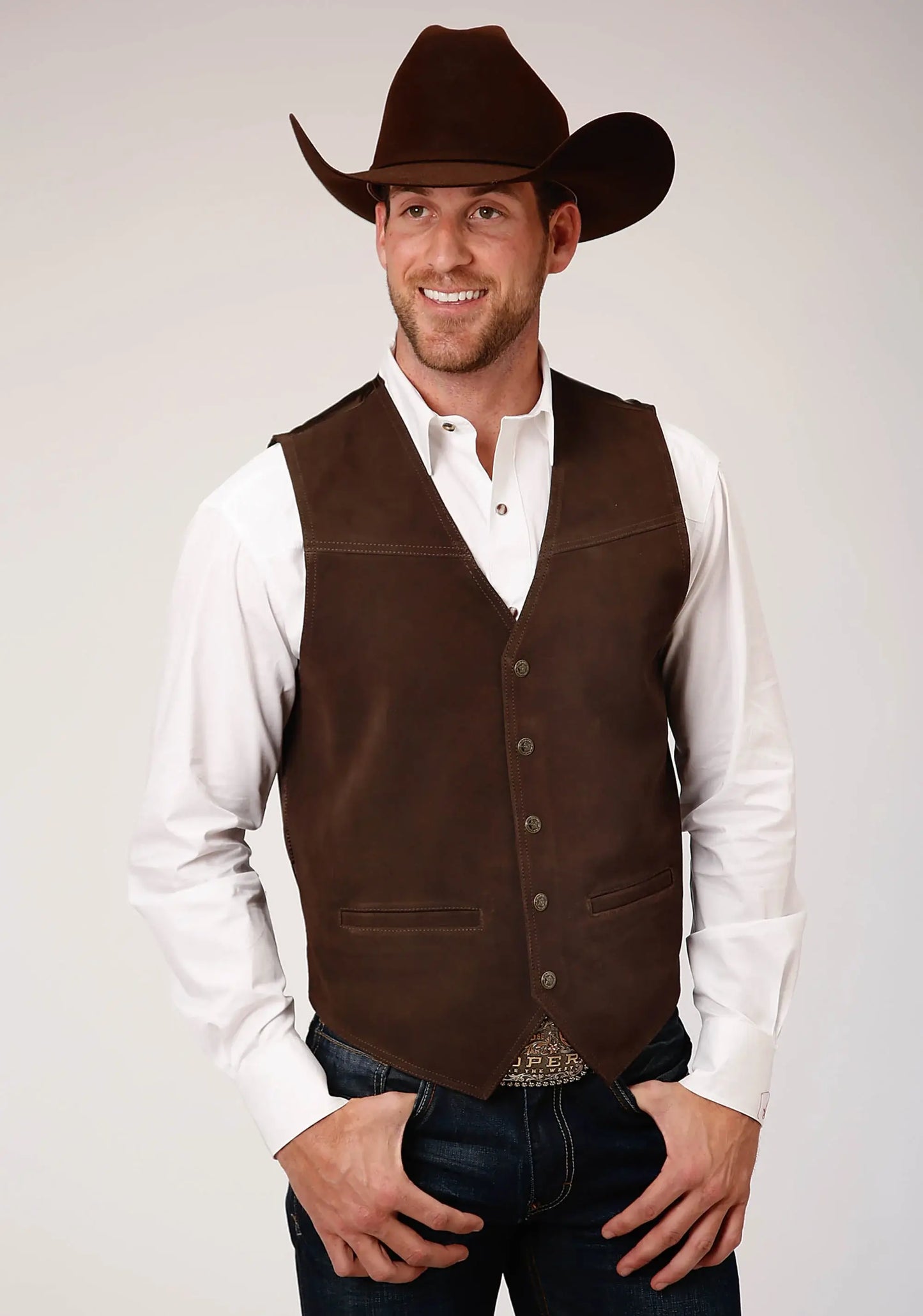 Mens Brown Suede Leather Vest With Buckle Tie - ROPER - Flyclothing LLC