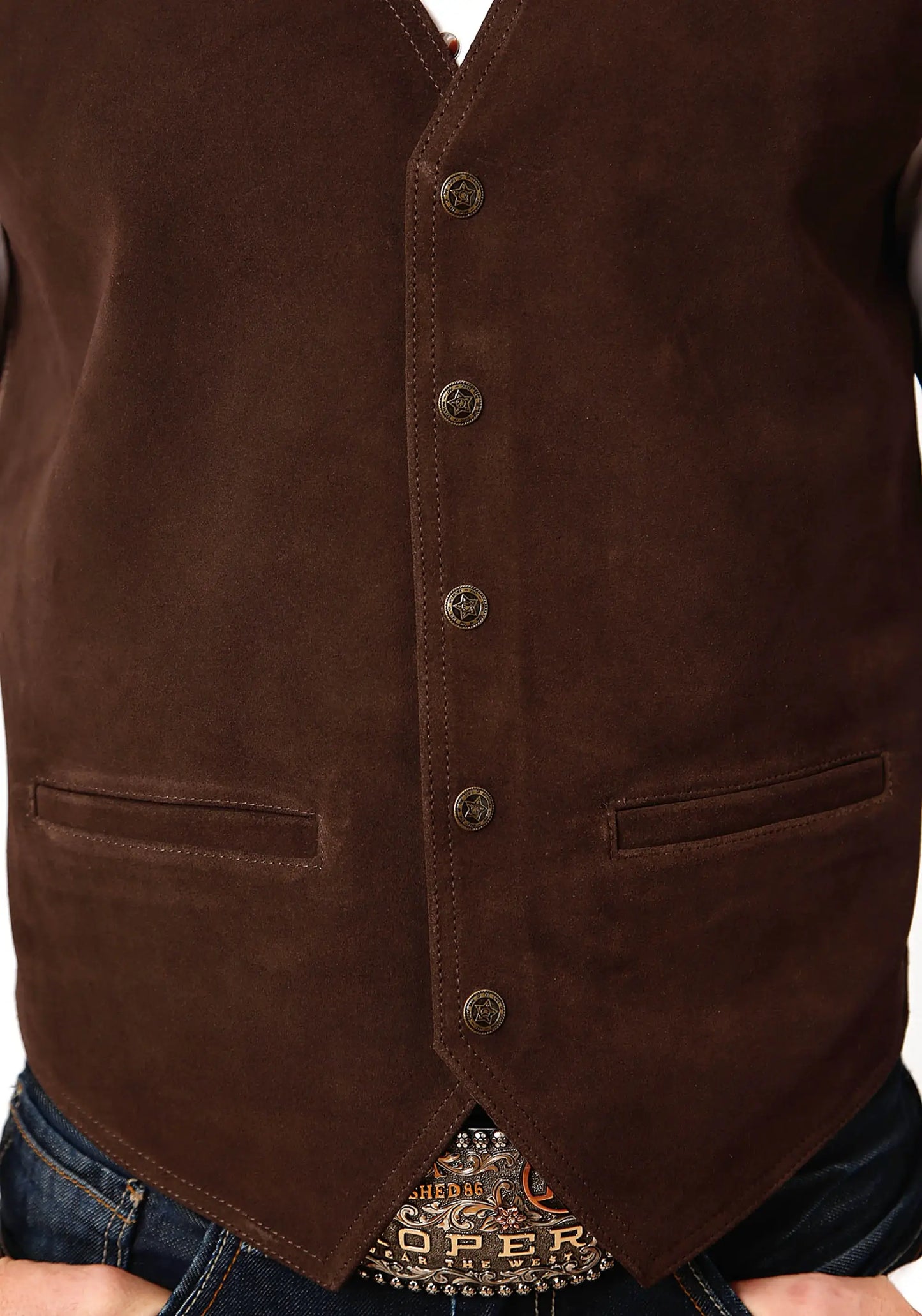 Mens Brown Suede Leather Vest With Buckle Tie - ROPER - Flyclothing LLC