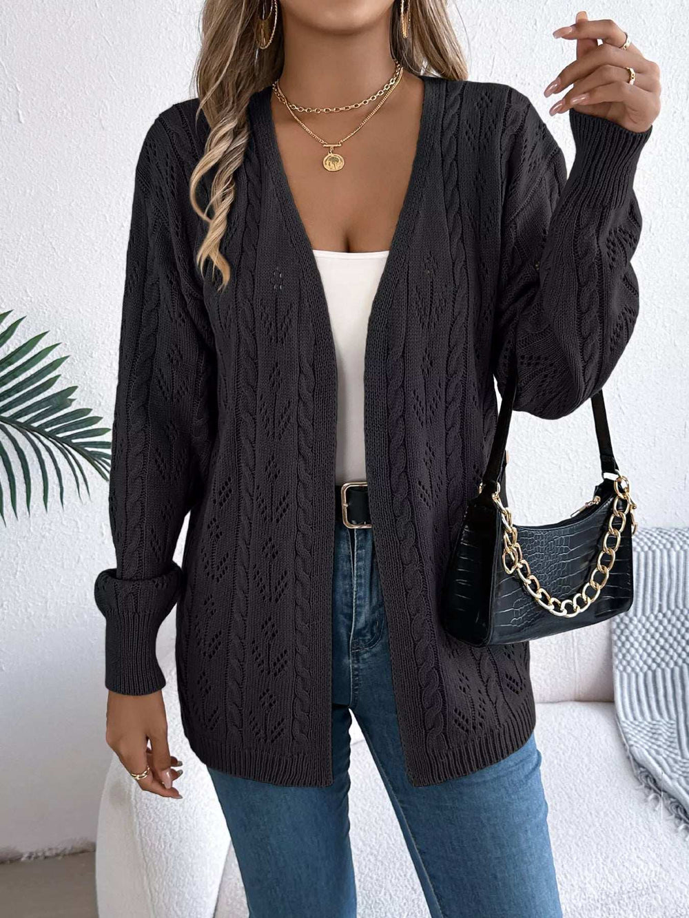 Openwork Open Front Long Sleeve Cardigan - Trendsi - Flyclothing LLC