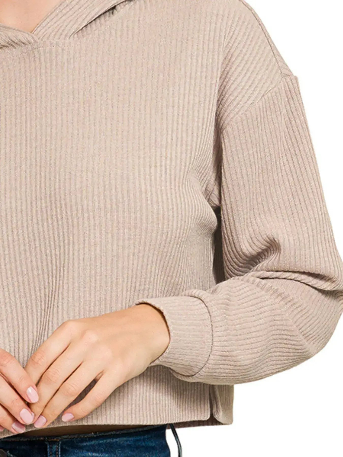 Zenana Drop Shoulder Ribbed Crop Hoodie - Trendsi - Flyclothing LLC