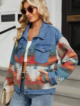 Geometric Button Up Long Sleeve Denim Jacket - Trendsi - Flyclothing LLC