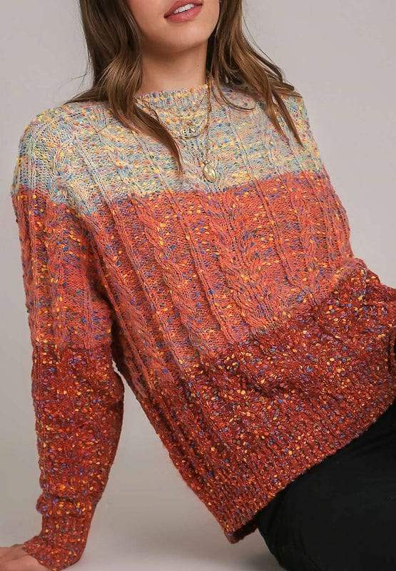 Cable-Knit Color Block Round Neck Long Sleeve Sweater - Trendsi - Flyclothing LLC