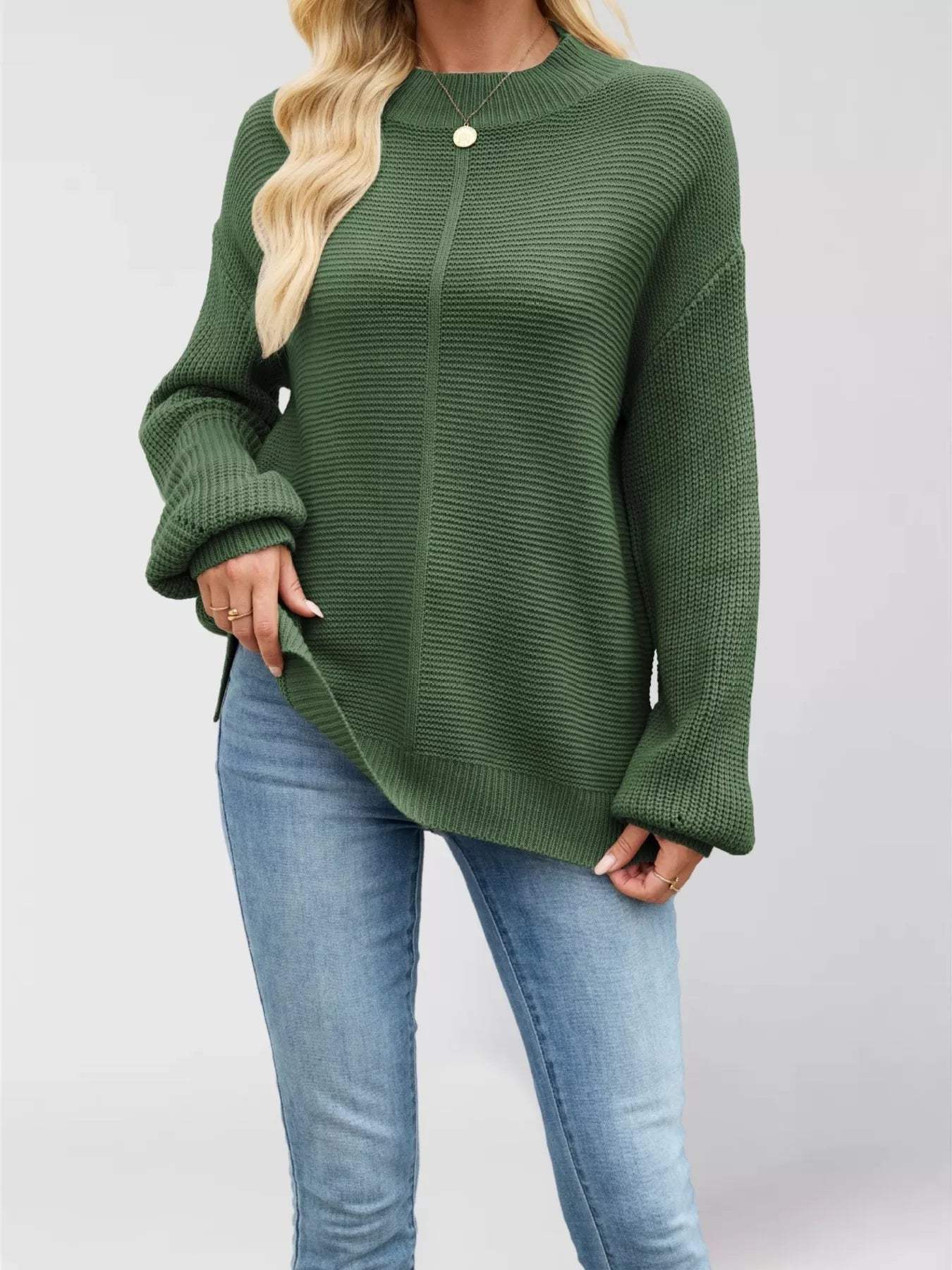 Ribbed Mock Neck Drop Shoulder Sweater - Trendsi - Flyclothing LLC