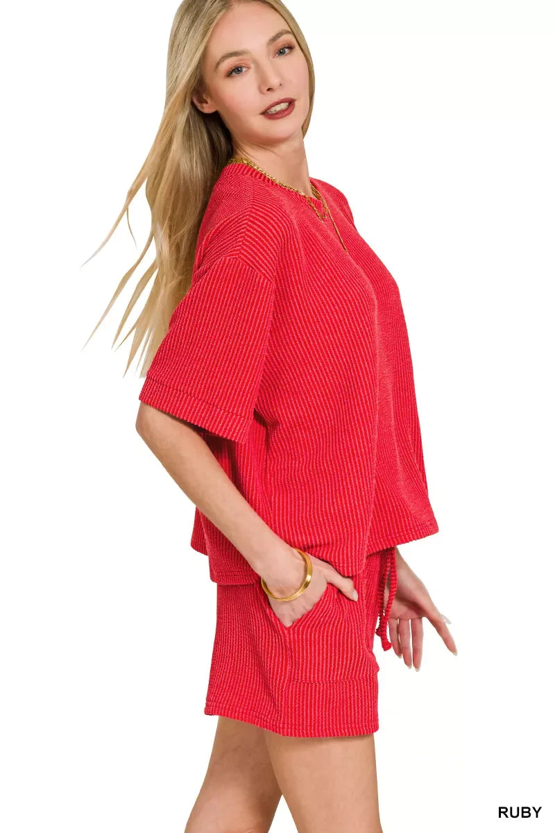 Zenana Raised Rib Short Sleeve Tee and Drawstring Shorts Set - Trendsi - Flyclothing LLC