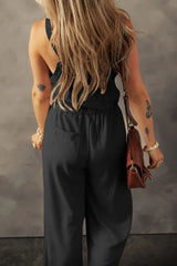 Knotted Straps Button Textured Drawstring Jumpsuit - Trendsi - Flyclothing LLC