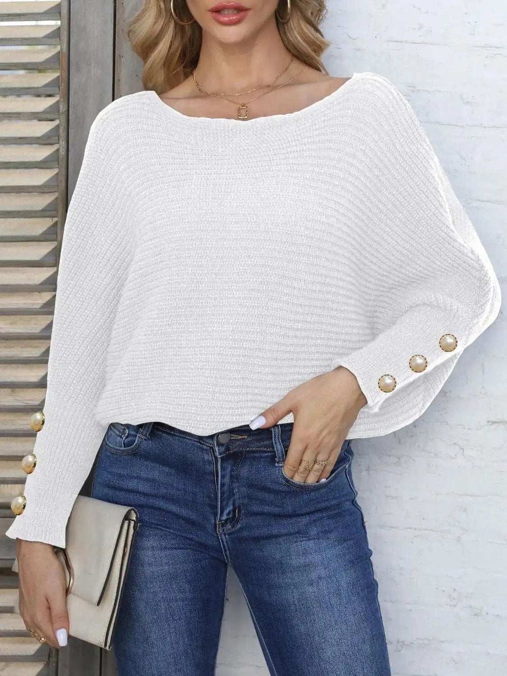 Full Size Boat Neck Long Sleeve Sweater - Trendsi - Flyclothing LLC