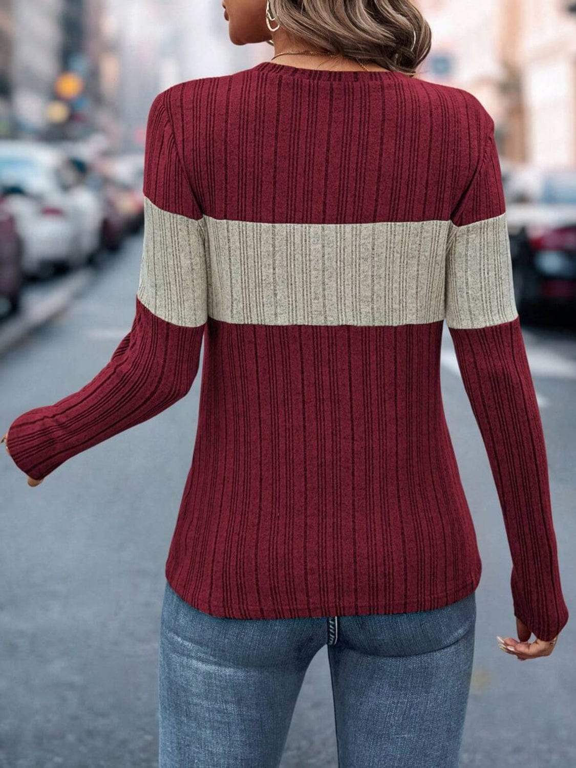 Color Block Round Neck Long Sleeve Top - Trendsi - Flyclothing LLC