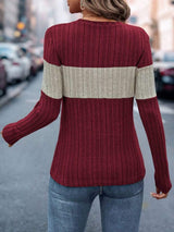 Color Block Round Neck Long Sleeve Top - Trendsi - Flyclothing LLC