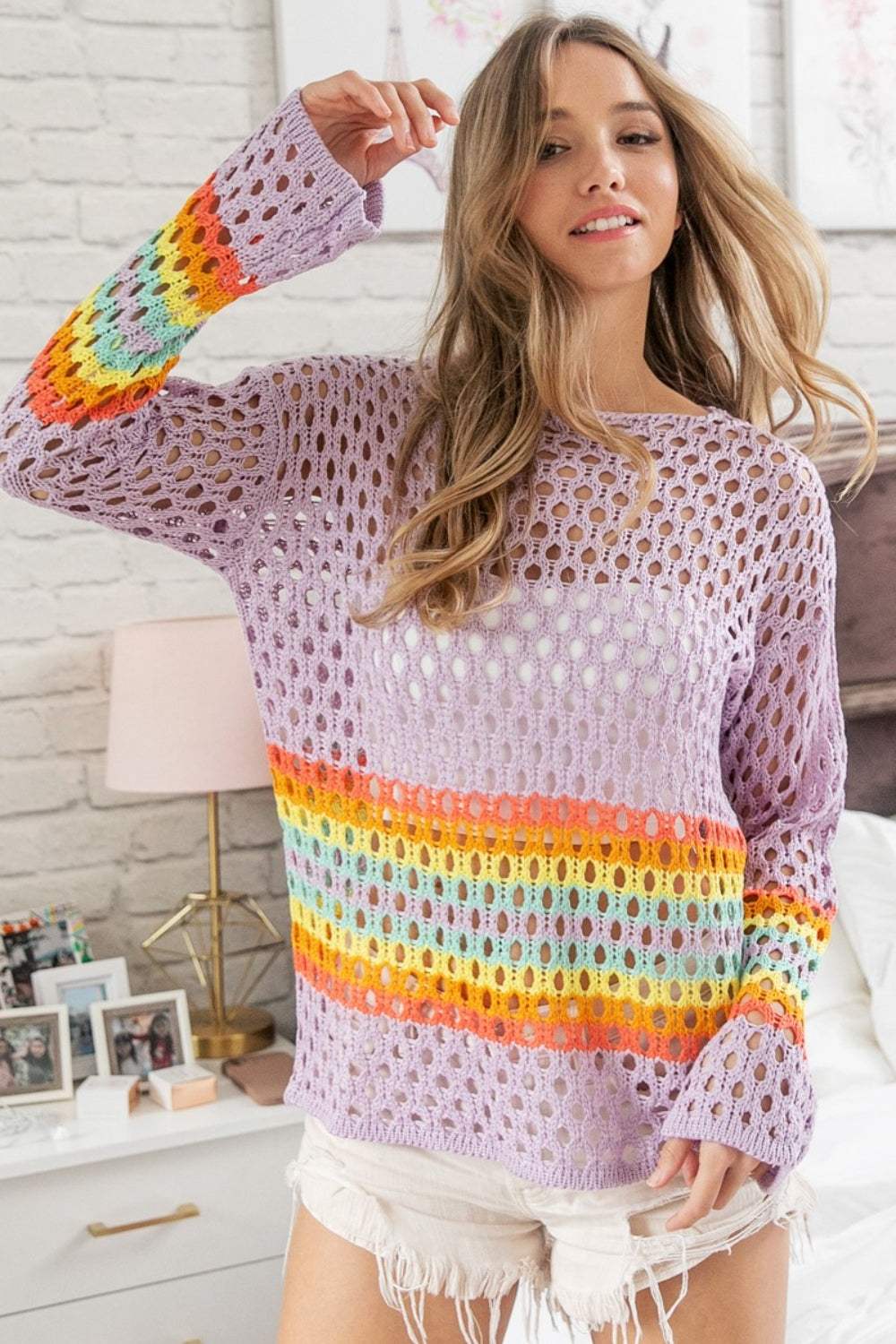 BiBi Rainbow Stripe Hollow Out Cover Up - Trendsi - Flyclothing LLC