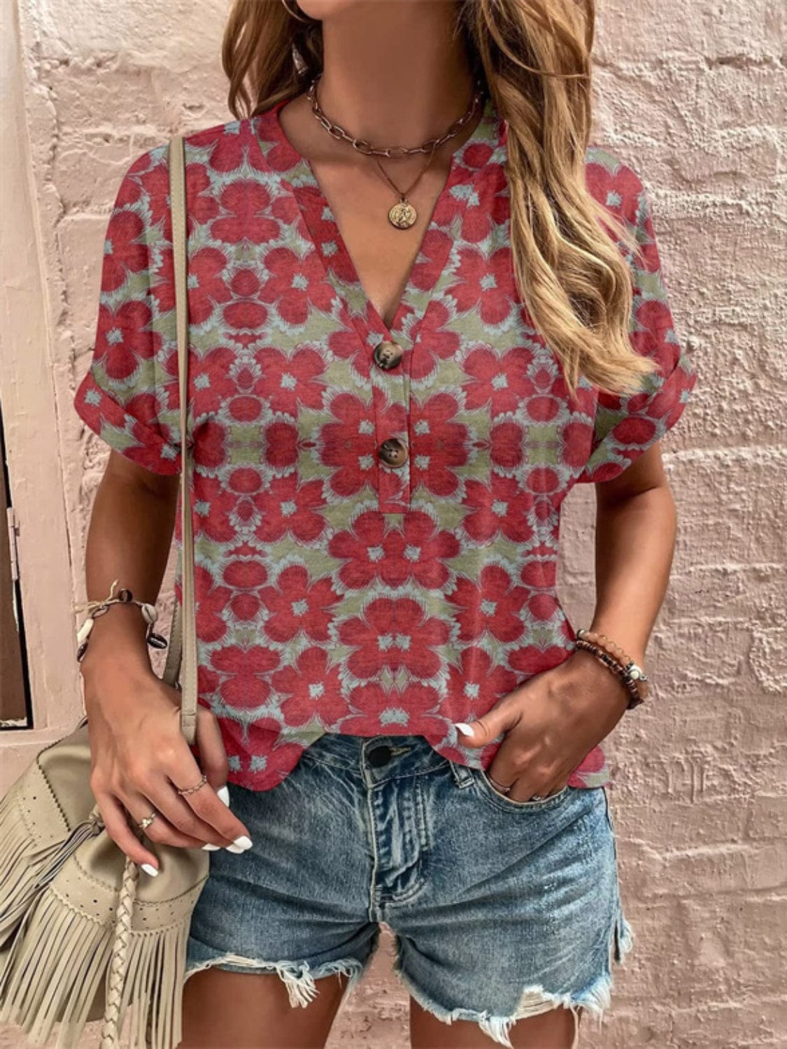 Full Size Printed Notched Short Sleeve Blouse - Trendsi