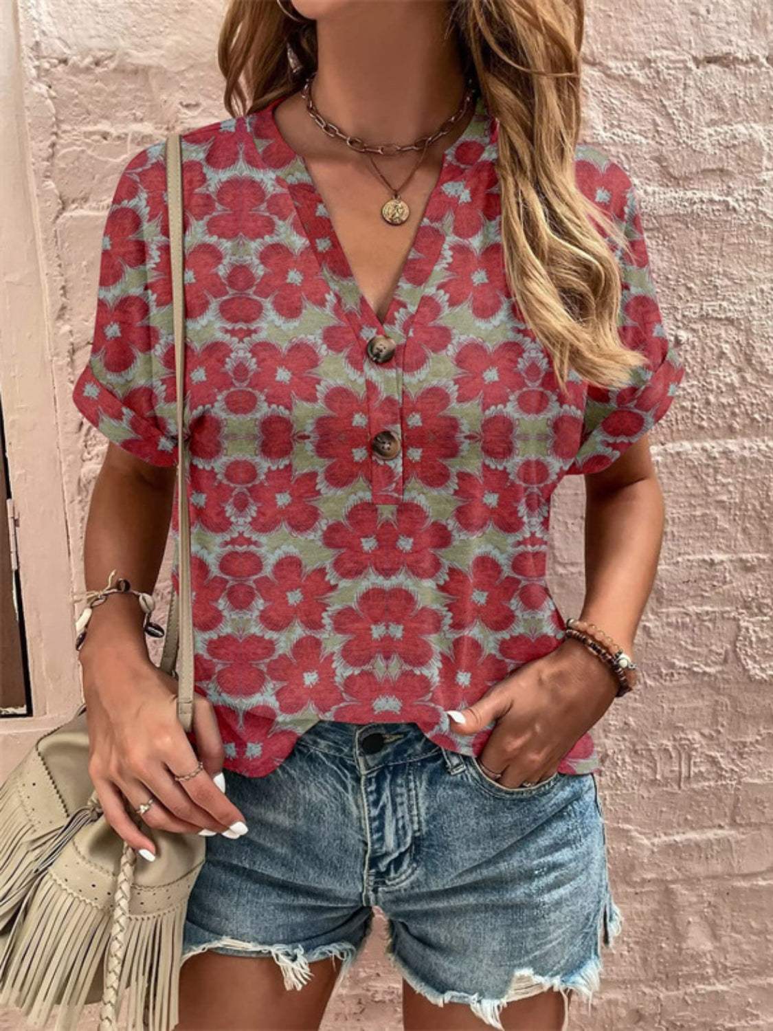 Full Size Printed Notched Short Sleeve Blouse - Trendsi - Flyclothing LLC