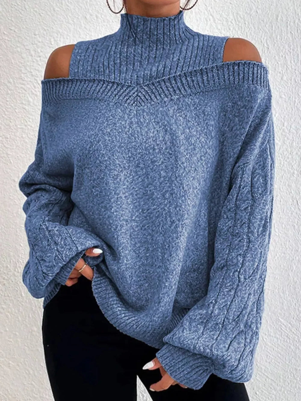 Cold Shoulder Turtleneck Sweater - Trendsi - Flyclothing LLC