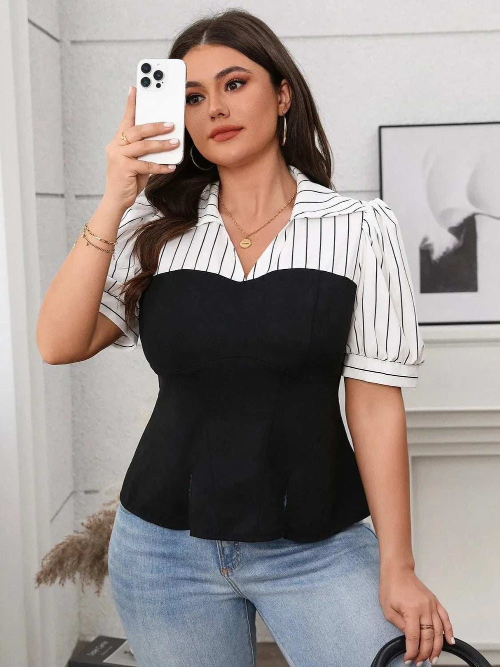 Plus Size Striped Johnny Collar Short Sleeve Blouse - Trendsi - Flyclothing LLC