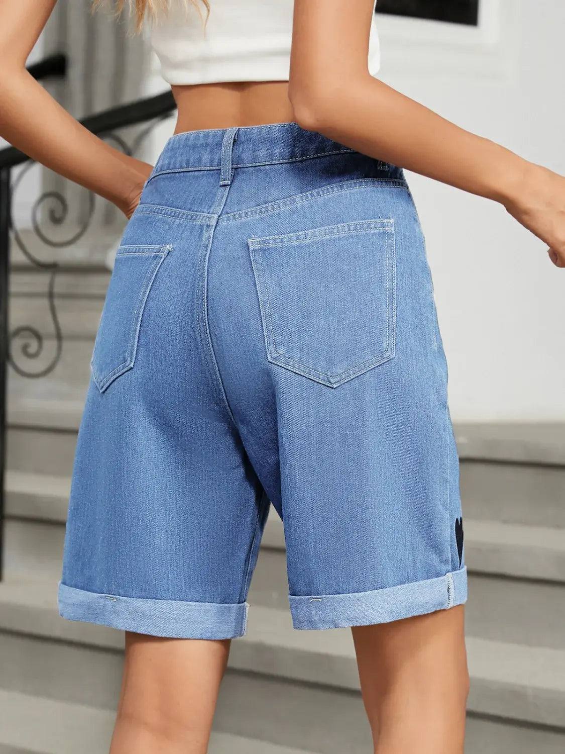 Heart-Pattern Rolled Hem Denim Shorts - Trendsi - Flyclothing LLC