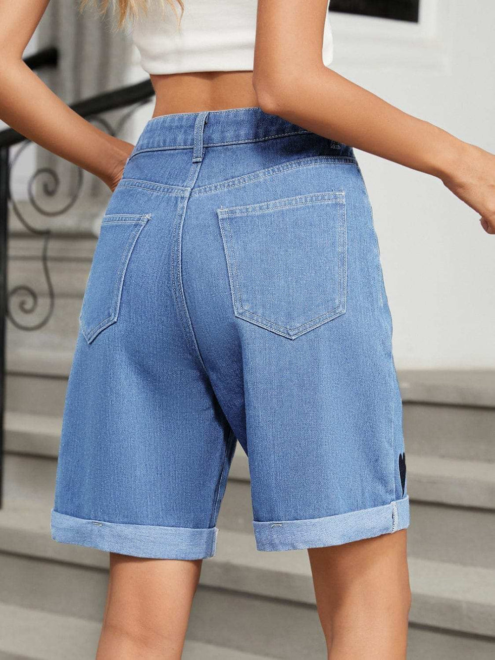 Heart-Pattern Rolled Hem Denim Shorts - Trendsi - Flyclothing LLC