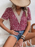 Full Size Printed V-Neck Short Sleeve Blouse - Trendsi