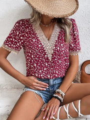 Full Size Printed V-Neck Short Sleeve Blouse - Trendsi