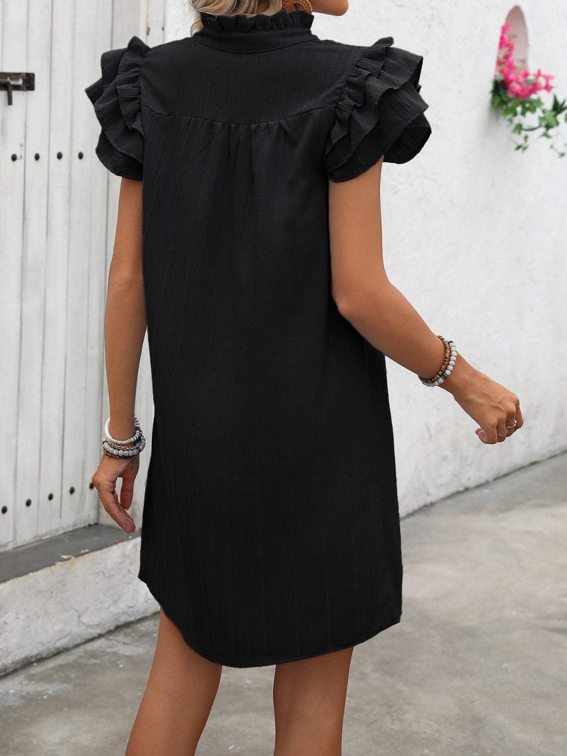 Ruffled Notched Cap Sleeve Mini Dress - Trendsi - Flyclothing LLC