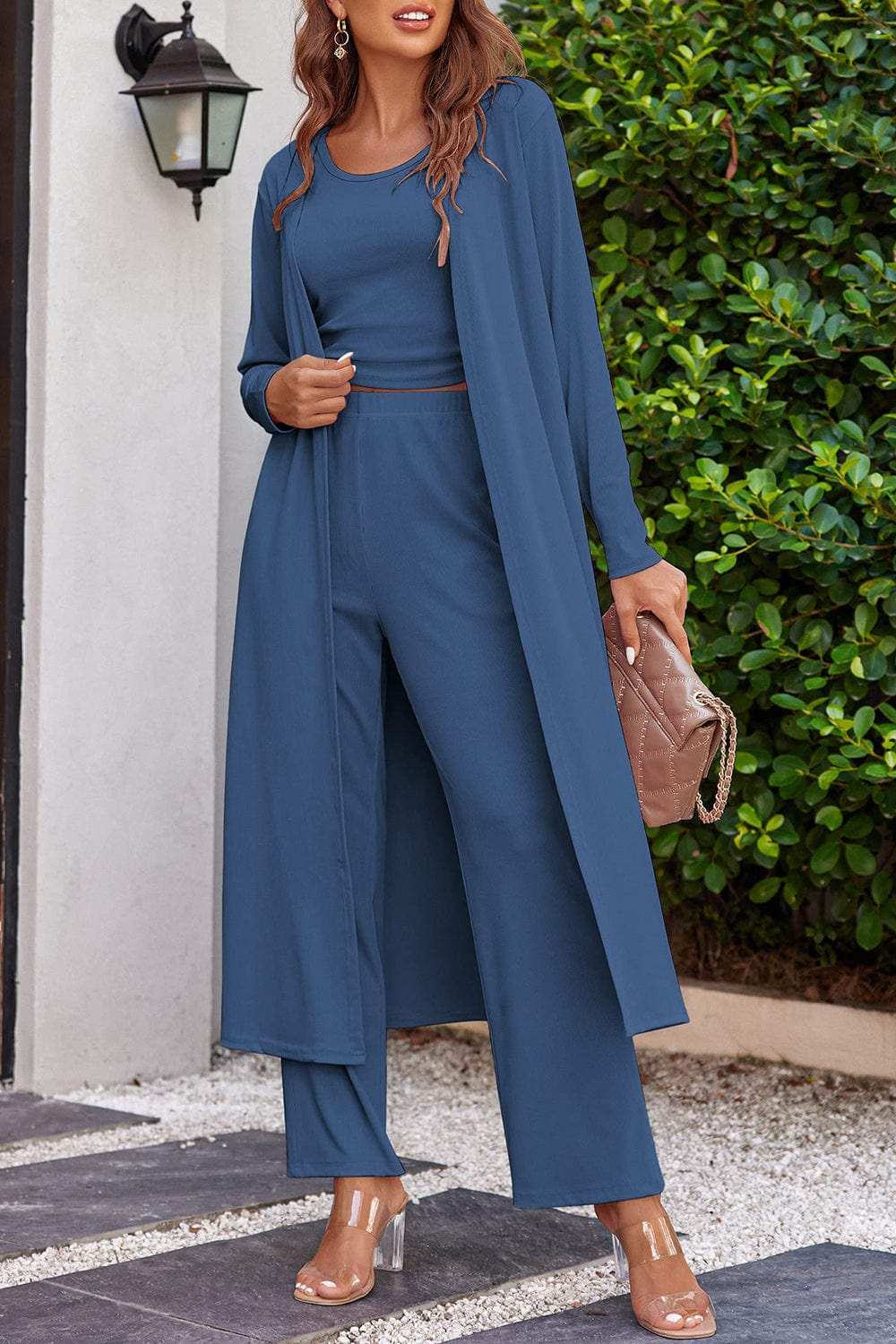 Drawstring Tank, Long Sleeve Cover Up and Pants Set - Trendsi - Flyclothing LLC