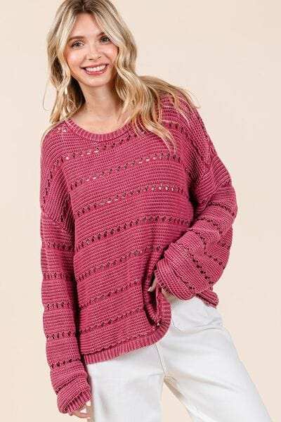 Mittoshop Openwork Round Neck Drop Shoulder Sweater - Trendsi - Flyclothing LLC