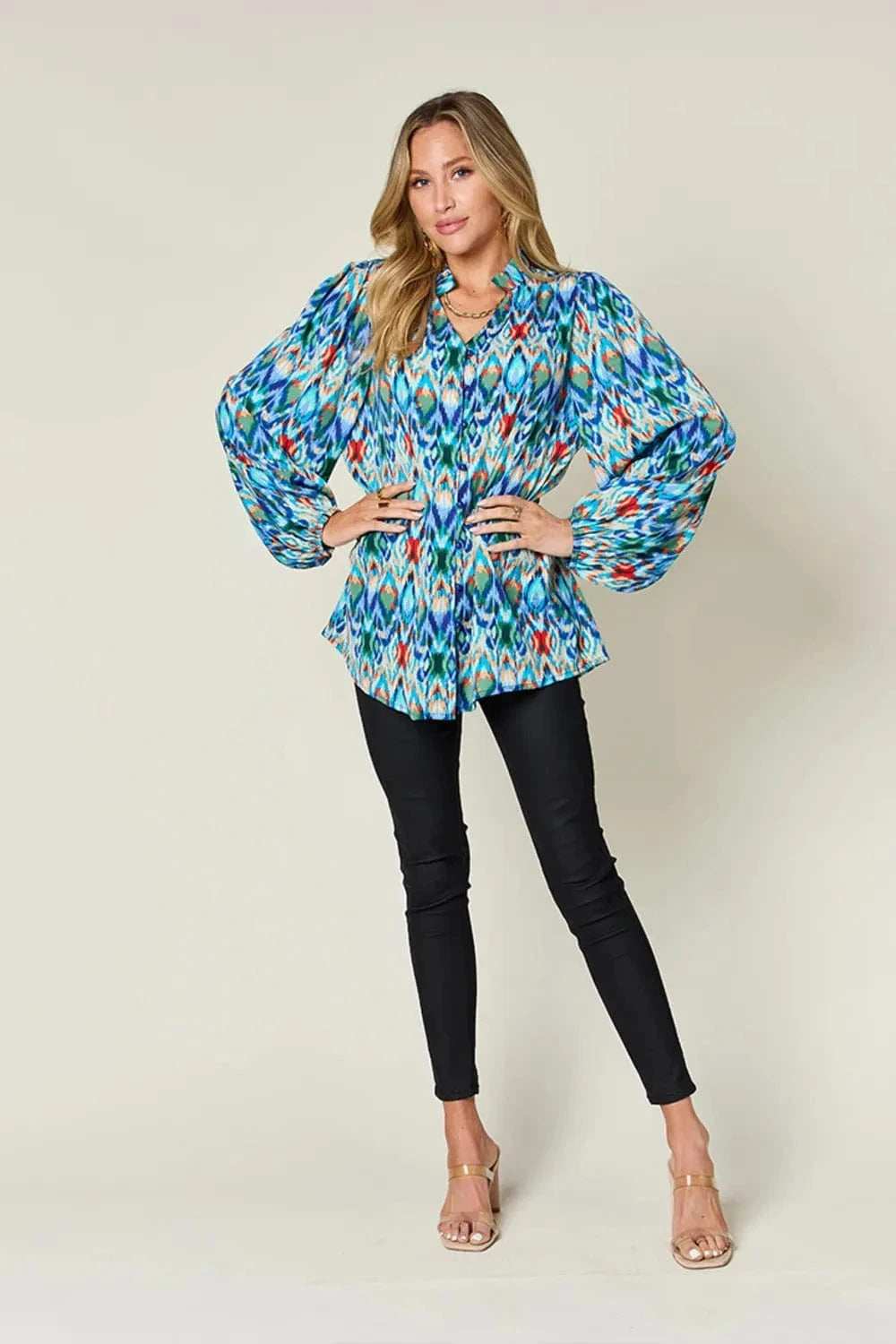 Double Take Full Size Printed Balloon Sleeve Blouse - Trendsi - Flyclothing LLC