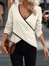 Full Size Crisscross Contrast Trim Long Sleeve T-Shirt - Trendsi - Flyclothing LLC
