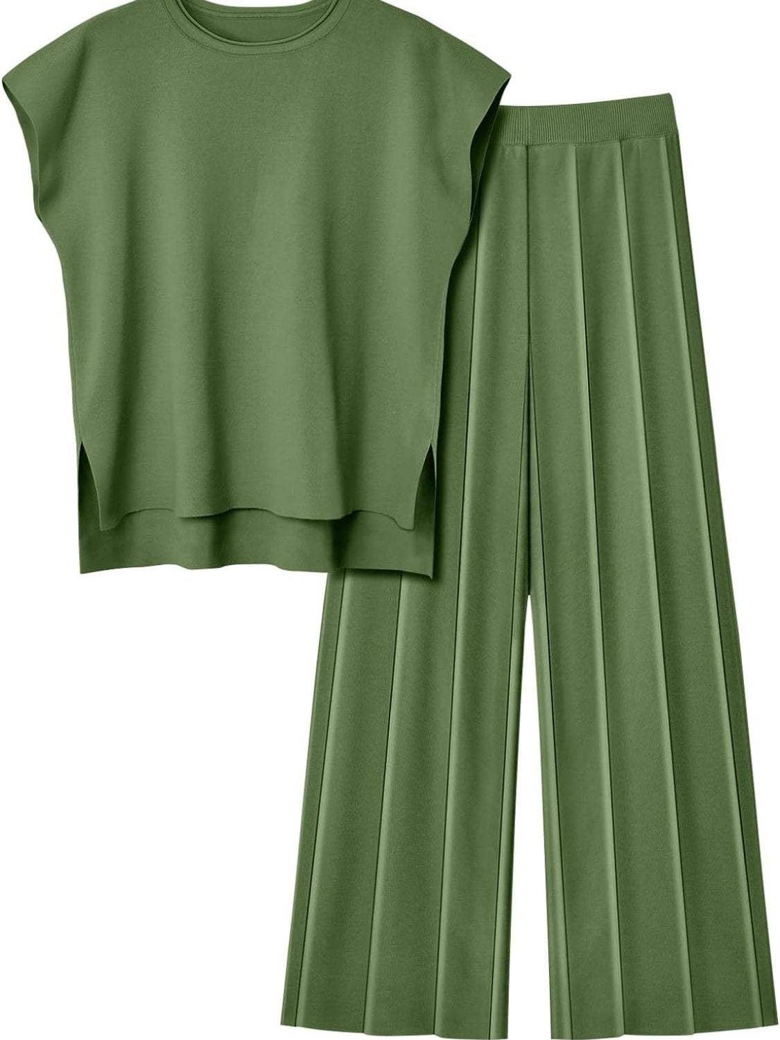 Round Neck Cap Sleeve Top and Pants Knit Set - Trendsi - Flyclothing LLC