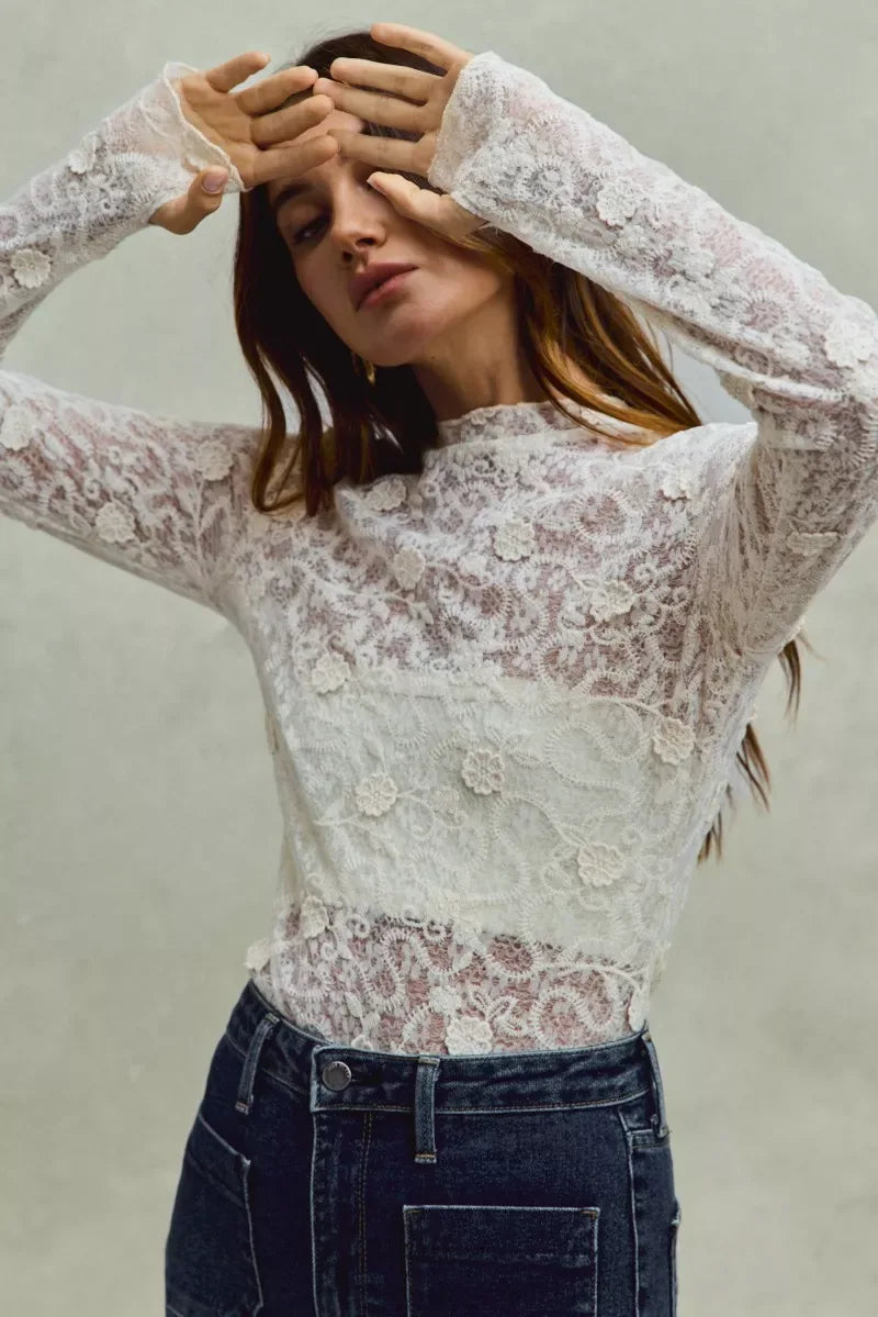 SO ME Lace Long Sleeve 3d Effect Floral Layering Top - Trendsi - Flyclothing LLC