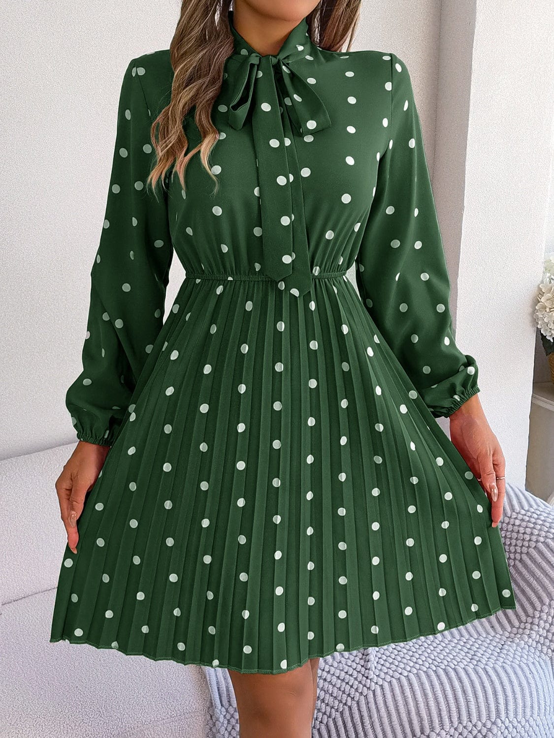 Polka Dot Tie Neck Pleated Dress - Trendsi
