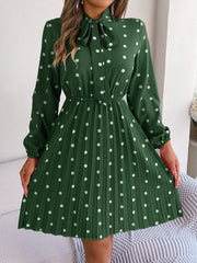 Polka Dot Tie Neck Pleated Dress - Trendsi