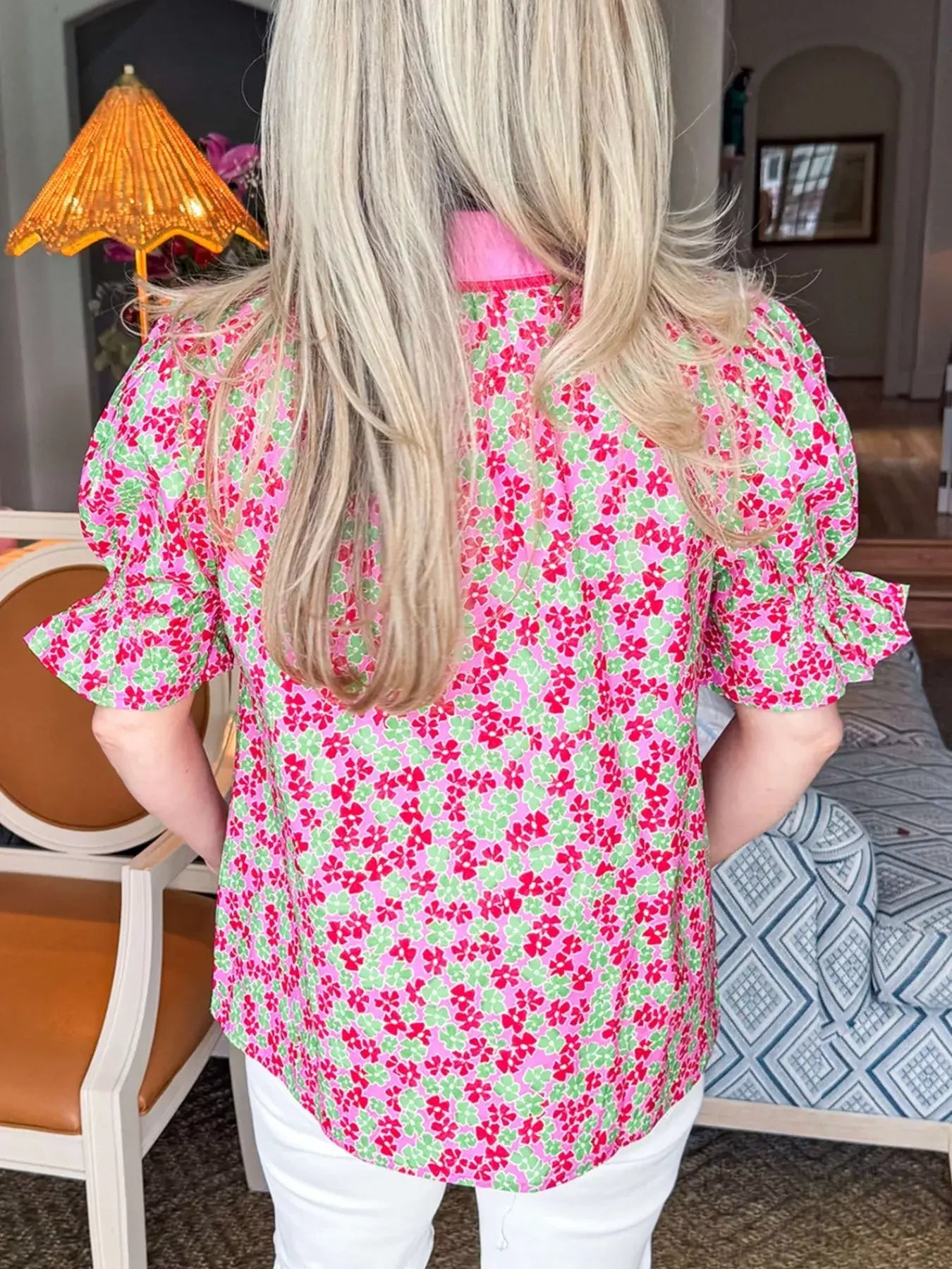 Floral Collared V Neck Short Puff Sleeve Blouse - Trendsi - Flyclothing LLC