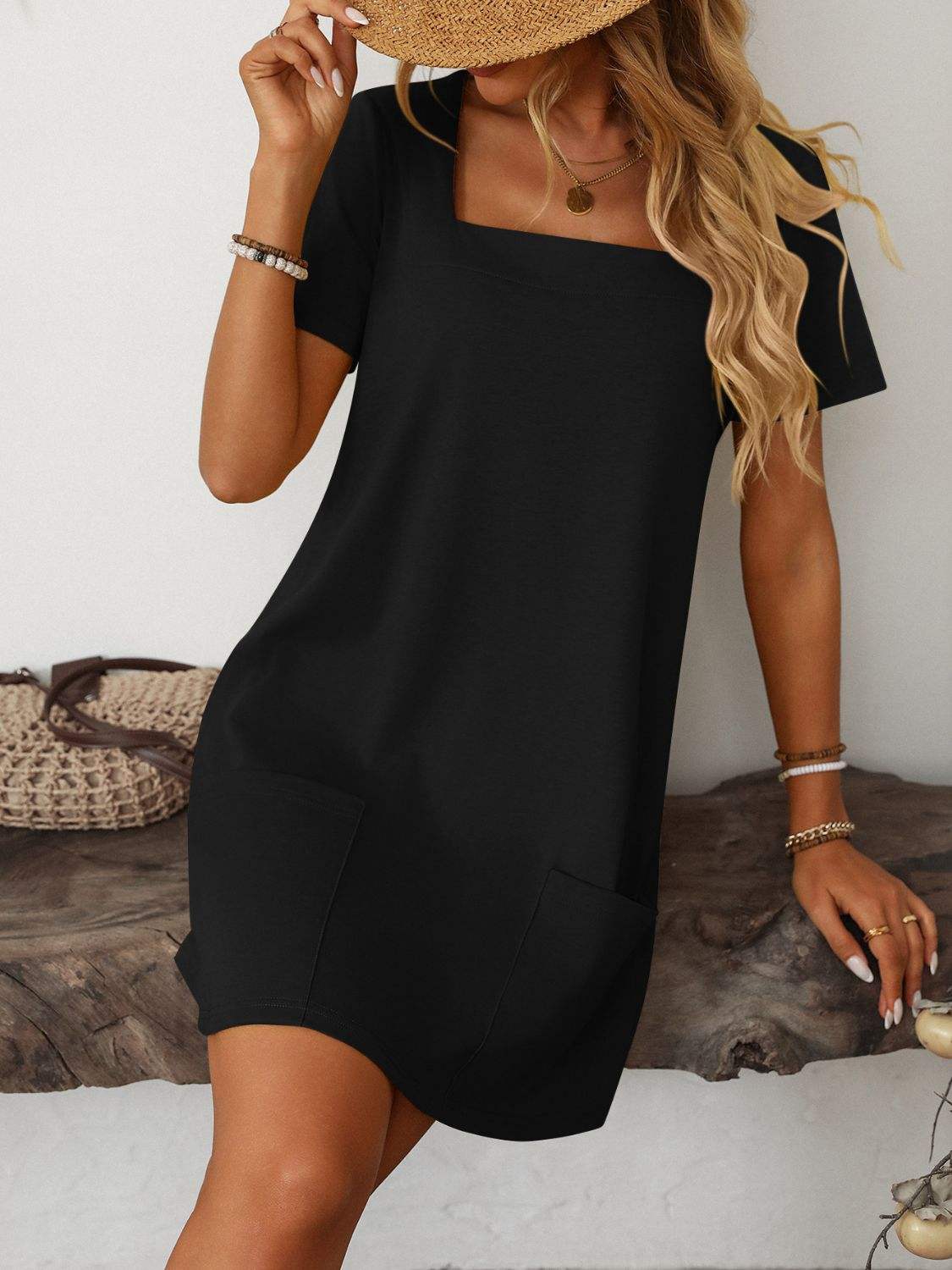 Mandy Square Neck Short Sleeve Mini Dress - Trendsi - Flyclothing LLC
